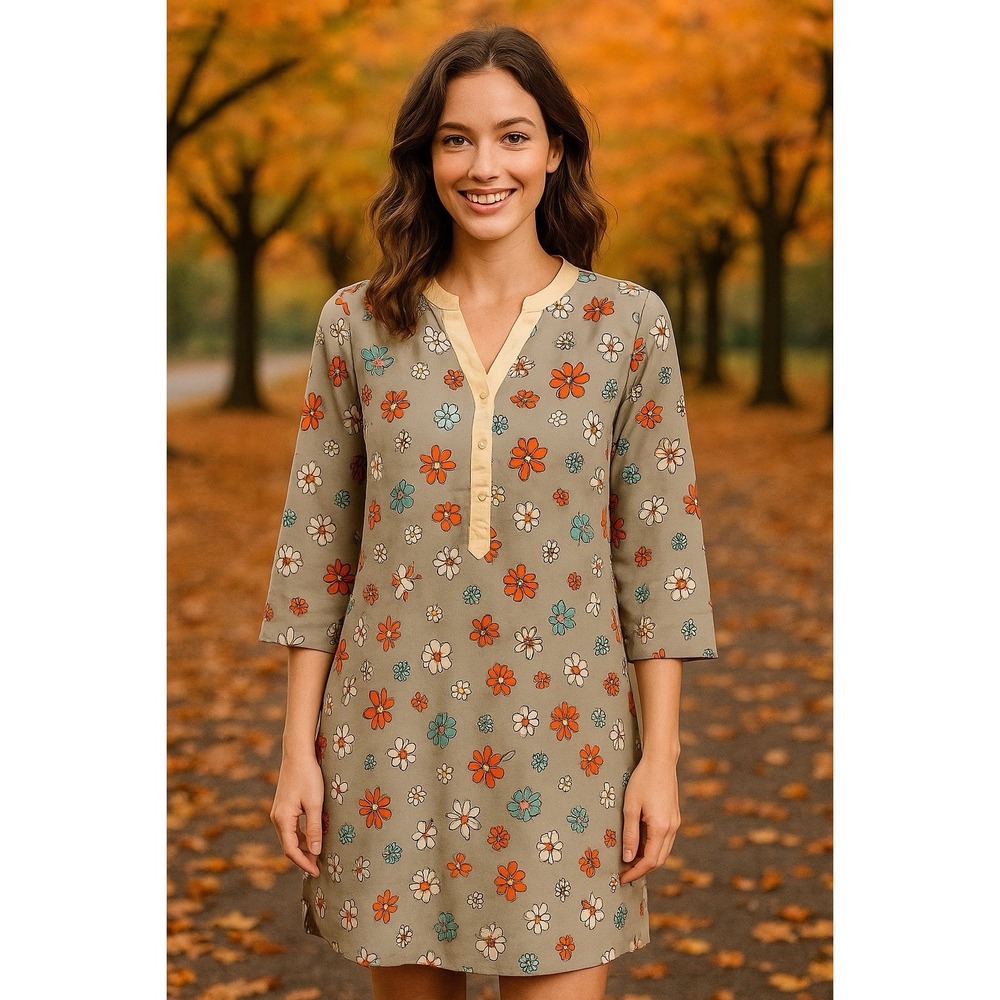 Downeast Taupe Floral Tunic Dress SZ Small Fall Casual Boho Cottage‎ Hippie